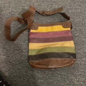 VTG Axcess Satchel Bag Rainbow Earth Tones Patchwork Boho PVC Crossbody Vegan